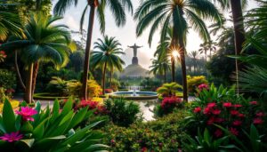 Plantas tropicais vibrantes e vegetação exuberante no Jardim Botânico do Rio de Janeiro, com palmeiras icônicas ao longo dos caminhos, arbustos floridos coloridos, um lago sereno refletindo o céu e o cenário da famosa estátua do Cristo Redentor visível através da folhagem, capturada em luz suave da manhã