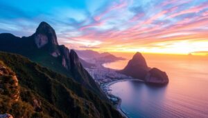 Uma vista deslumbrante de um mirante no Rio de Janeiro, com vista para o icônico Pão de Açúcar e a Baía de Guanabara ao pôr do sol, com cores vibrantes refletidas na água e nas colinas verdejantes que cercam o cenário, capturando a essência desta paisagem deslumbrante.